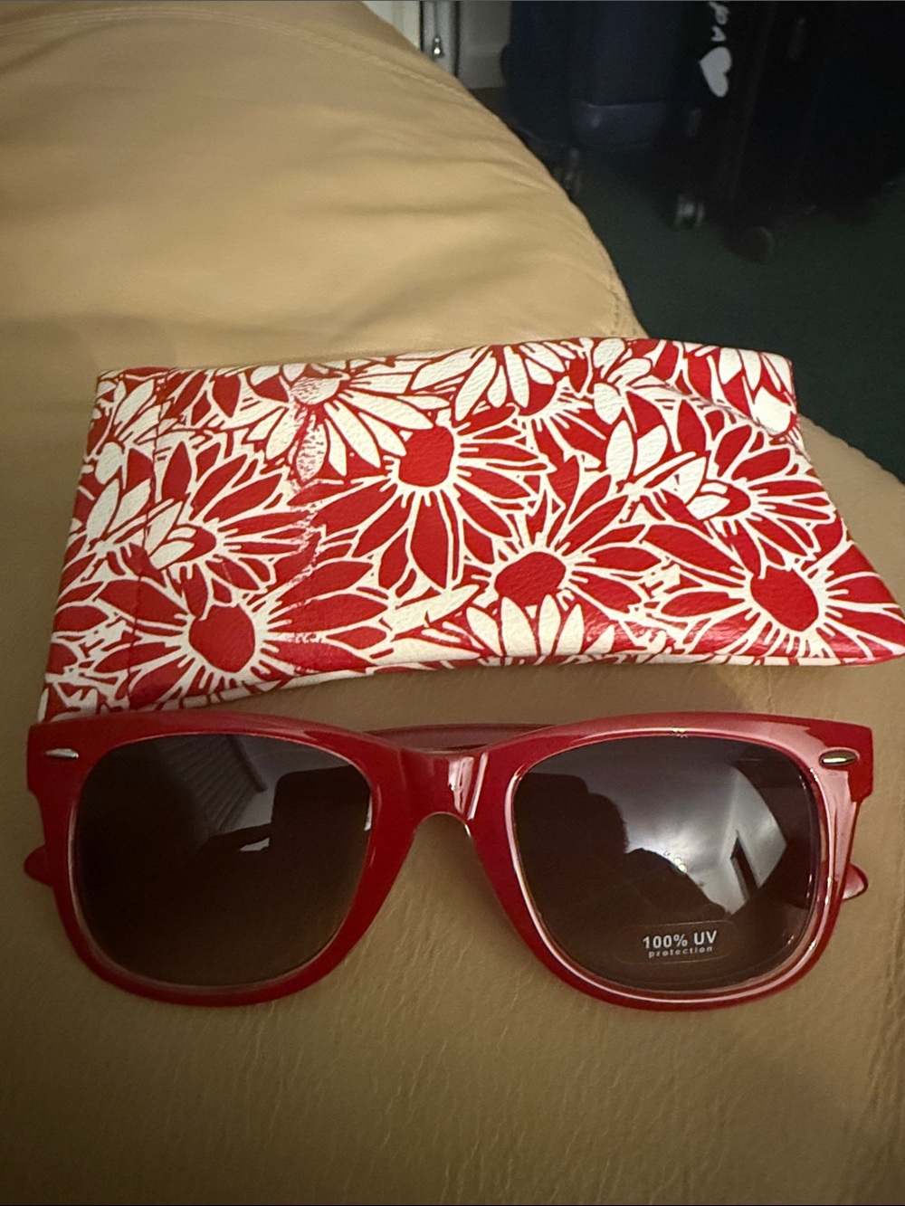 Red Sunglasses with Floral Case - Brand Unknown